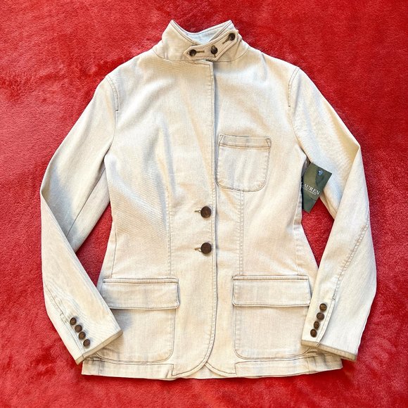 NWT Lauren Ralph Equestrian Leather Trim Stretchy Cotton blend Blazer Jacket - Picture 4 of 13